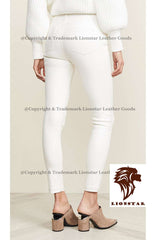 Women's Snow White Sheepskin Leather Pants | Premium Slim Fit | Unique Color | Belt Options
