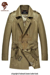 Men's Formal Double-Breasted Leather Coat | Premium Cowhide | Full Length | Black Tie Style