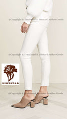 Women's Snow White Sheepskin Leather Pants | Premium Slim Fit | Unique Color | Belt Options