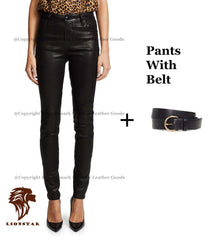 Women's Moto Sheepskin Leather Pants | Premium Black Tiger Design | Biker Style | Belt Options