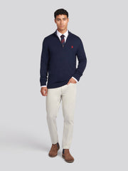 Mens Cotton Funnel Neck 1/4 Zip Knit in Dark Sapphire Navy / Haute Red DHM