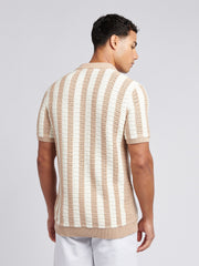 Mens Crochet Knit Open Collar Polo Shirt in Doeskin