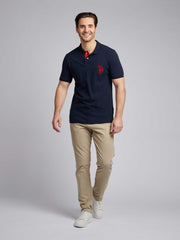 Mens Large Player Pique Polo Shirt in Dark Sapphire Navy / Haute Red DHM