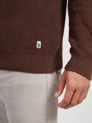 Mens Half Cardigan Stitch Knit Funnel in Chocolate Martini