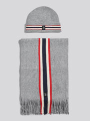 Mens Brand Stripe Beanie & Scarf Box Set in Mid Grey Marl