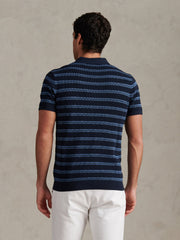 Mens Stripe Open Knit Polo Shirt Dark Sapphire Navy