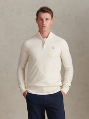 Mens Large Check Knit Quarter Zip Funnel Jumper Whisper White