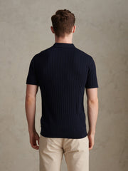 Mens Smart Textured Knit Quarter Zip Polo Shirt Dark Sapphire Navy