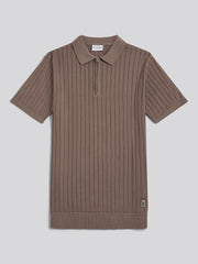 Mens Smart Textured Knit Quarter Zip Polo Shirt Walnut