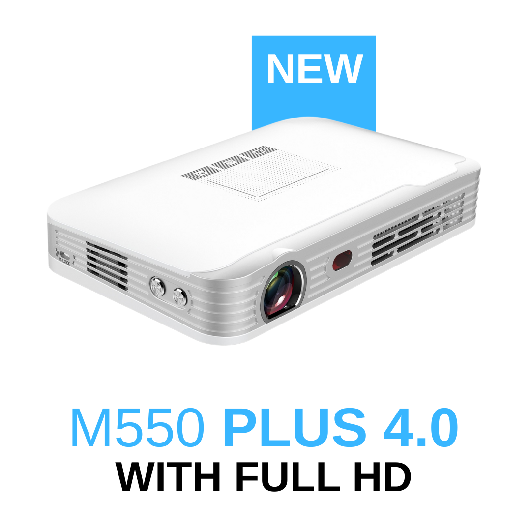 Personal Projector Pico Genie M550 Plus 4.0 smart projector displaying a full HD 1080p image with 650 lumens, ultra-portable design.