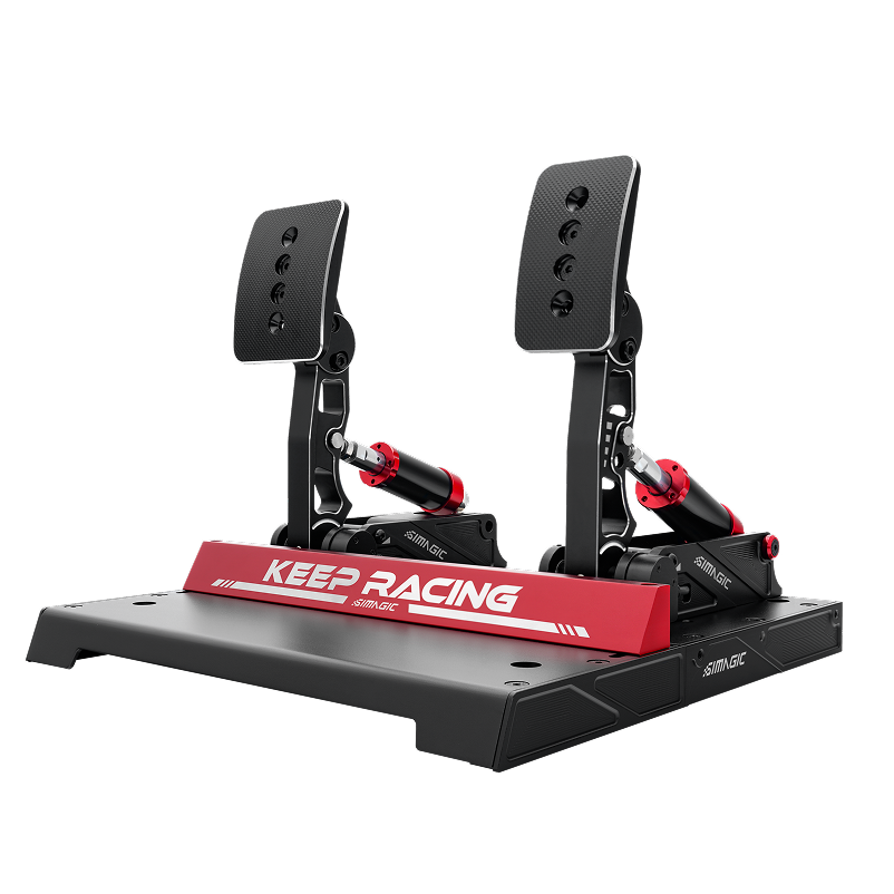 Simagic P1000-2 modular racing pedals set with load cell and hall sensor, fully adjustable, designed for racing simulation setups.