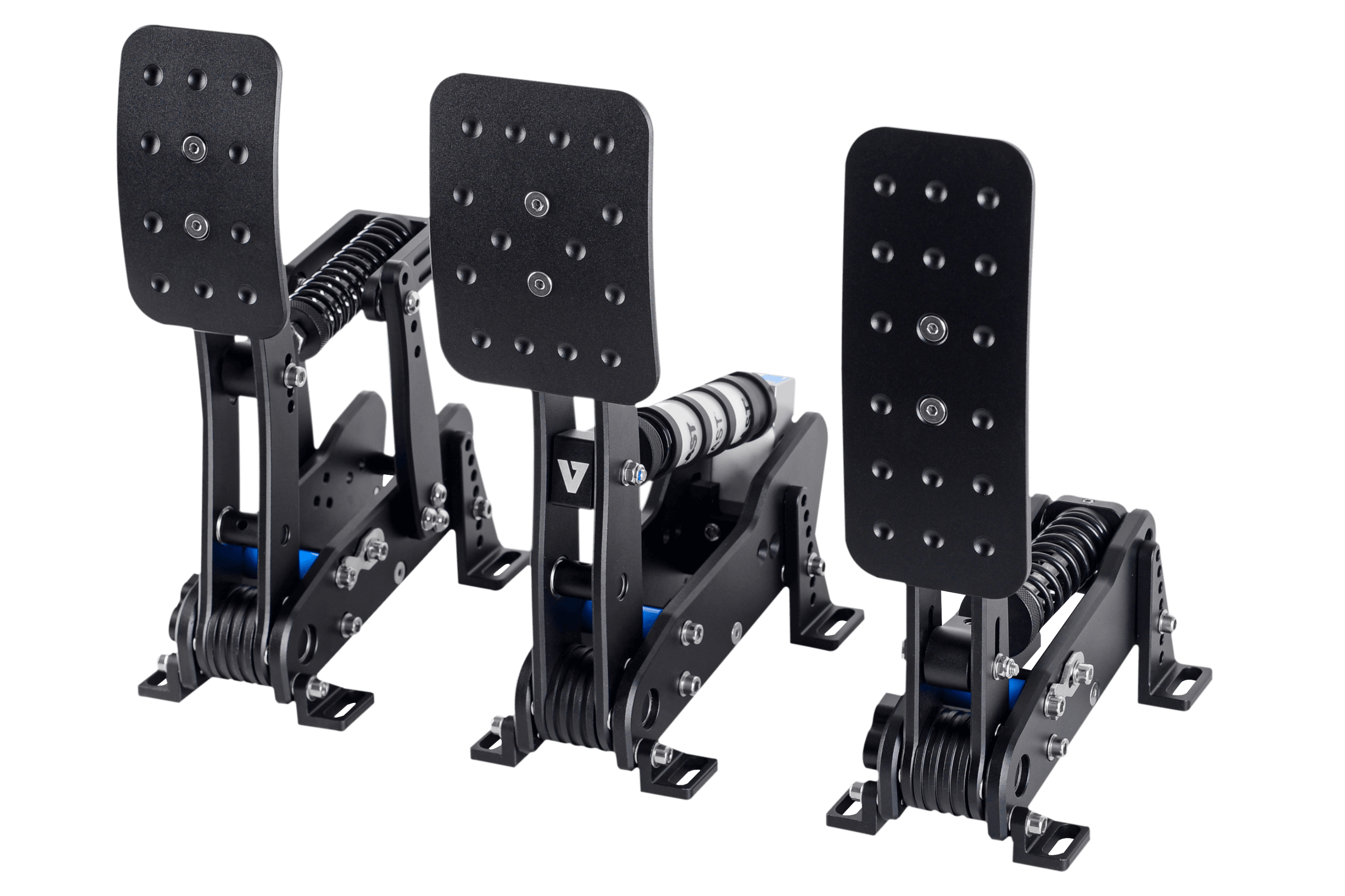 Trak Racer UK VNM 3-pedal set for racing simulator with professional load cell pedals, including accelerator, brake, and clutch pedals.