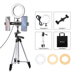 PULUZ Tripod Mount + Live Broadcast Dual Phone Bracket + 6.2 inch 16cm LED Ring Vlogging Video Light Kits, 3 in 1