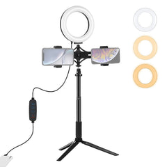 PULUZ Tripod Mount + Extension Rod + Live Broadcast Dual Phone Bracket + 6.2 inch 16cm LED Ring Vlogging Video Light Kits, 4 in 1 Live Broadcast Kits