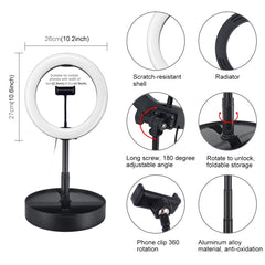 PULUZ 10.2 inch 26cm USB 3 Modes Dimmable Dual Color Temperature LED Curved Ring Vlogging Selfie Photography Video Lights with Bluetooth Remote Shutter & Folding Desktop Holder & Phone Clamp