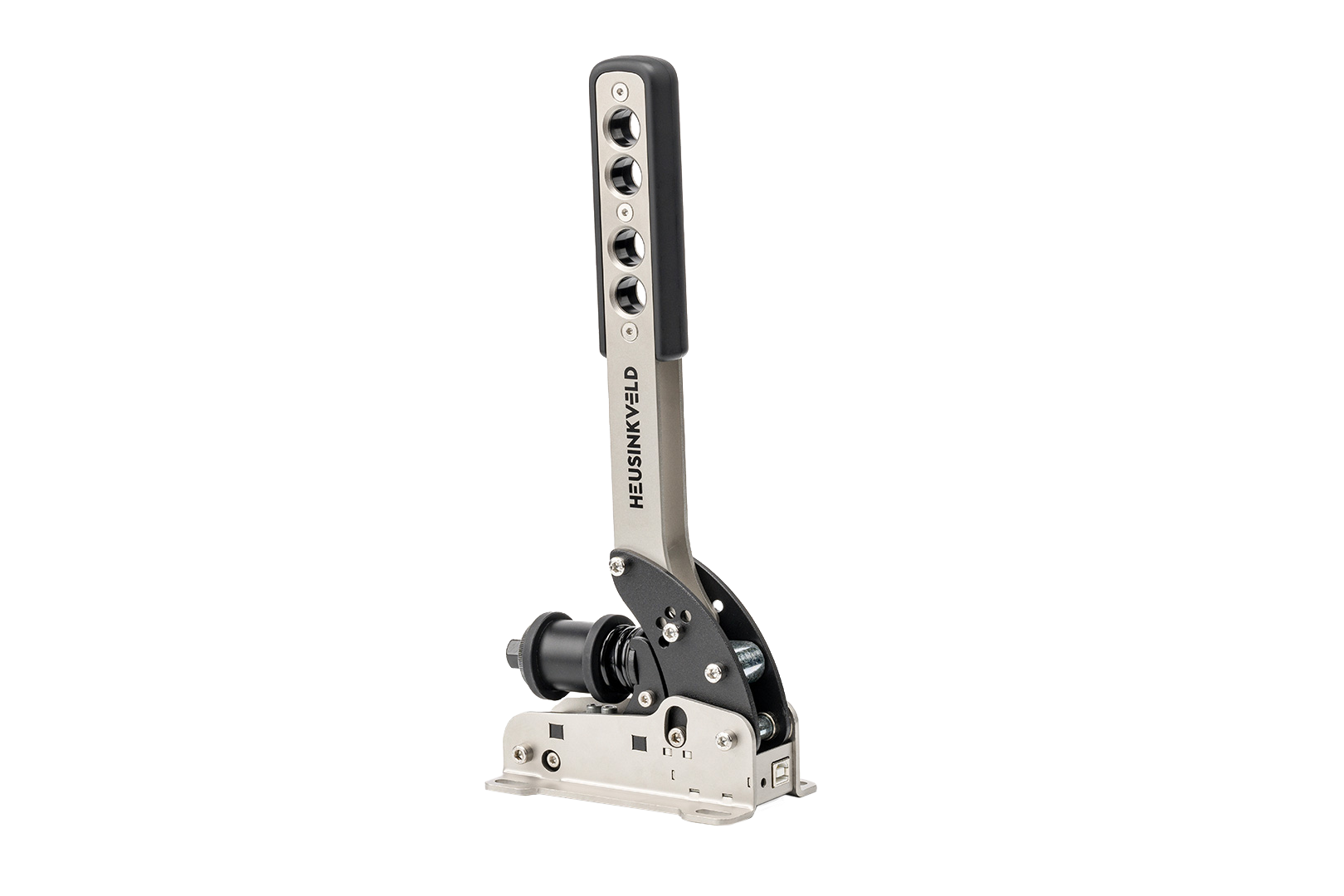 Trak Racer UK Heusinkveld Black Handbrake and shifter with textured grip and sturdy mounting, designed for racing sim setups.