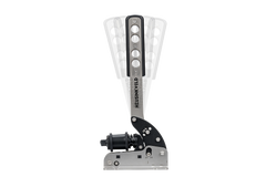 Heusinkveld black handbrake and shifter for racing simulators, with detailed black and silver design, mounted on a Trak Racer setup
