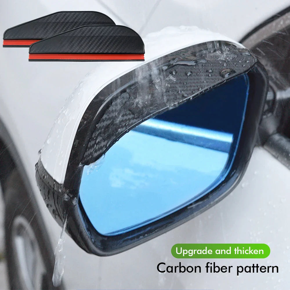 Two Eliteridegear carbon fiber rain brow covers attached to car rear view mirrors for clear vision and protection from rain.
