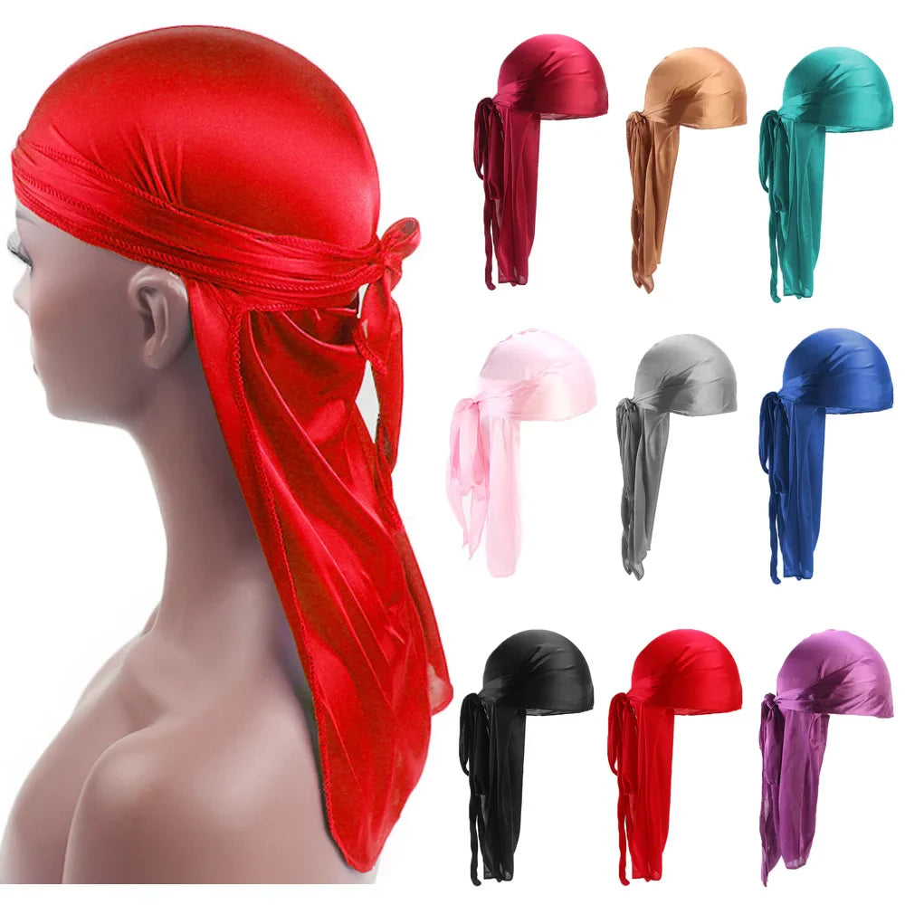 Unisex satin long tail doo rag durag with pirate hat style, hip hop headband, worn by men and women for stylish headwear.
