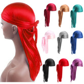Unisex satin long tail doo rag durag with pirate hat style, hip hop headband, worn by men and women for stylish headwear.