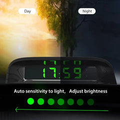 Eliteridegear portable solar car digital LCD clock and temperature display with backlight on a vehicle dashboard.