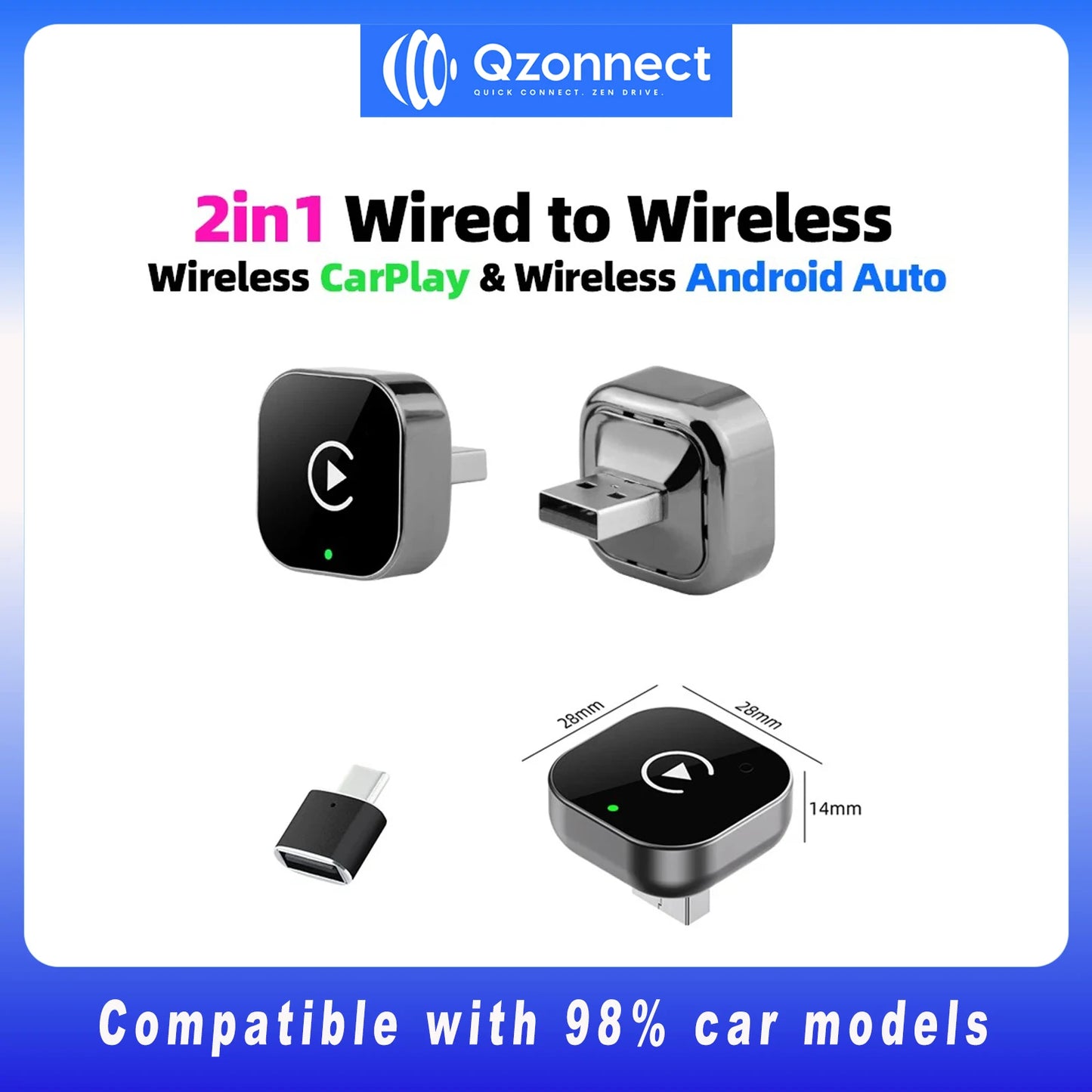 Qzonnect 2025 New Wireless CarPlay & Android Auto Adapter | Wireless Dongle – Ultra-Compact | For Factory-Wired CarPlay AA