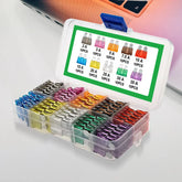Eliteridegear 100-piece auto fuse kit with blade type fuses in 10 sizes, stored in a clear plastic box for easy organization.