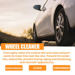 Rayhong 120ML car tire cleaner by Eliteridegear showing the product bottle next to a clean, shiny car tire for rust removal and maintenance