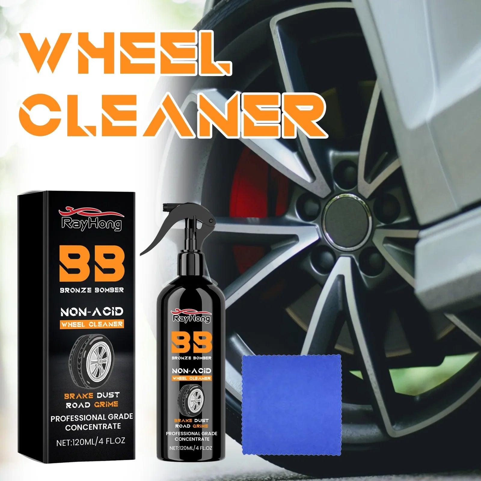 Rayhong 120ML car tire cleaner from Eliteridegear showing a clean, shiny car tire surface with rust removal and maintenance in progress.
