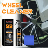 Rayhong 120ML car tire cleaner from Eliteridegear showing a clean, shiny car tire surface with rust removal and maintenance in progress.