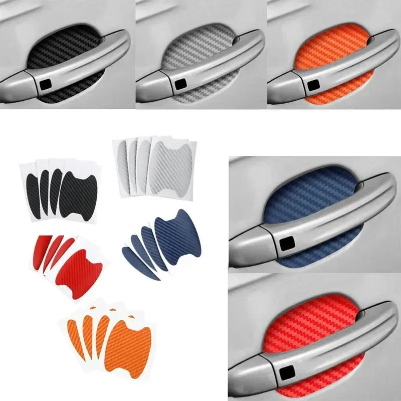 Set of four Eliteridegear carbon fiber car door handle protective film stickers showing scratch-resistant exterior covers on car handles.