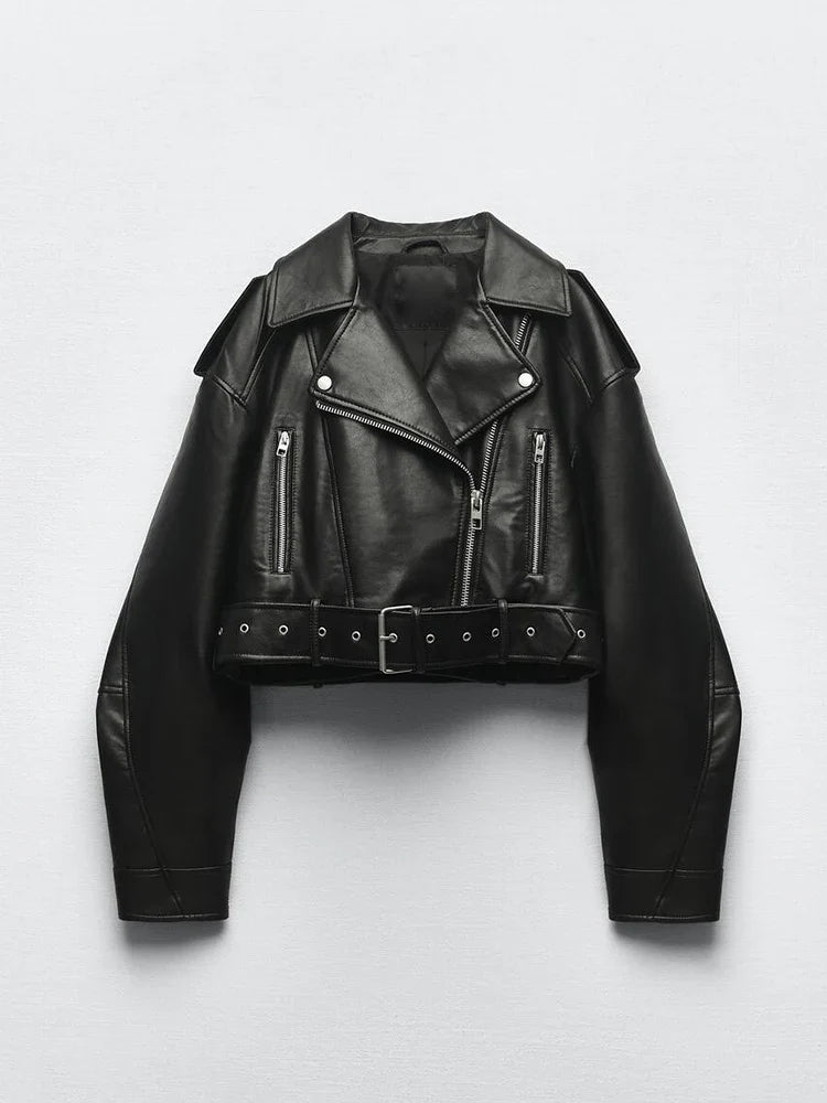 Ailegogo women's faux PU leather short jacket with belt, zipper lapel, motorcycle style, in spring and autumn fashion.
