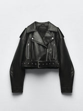 Ailegogo women's faux PU leather short jacket with belt, zipper lapel, motorcycle style, in spring and autumn fashion.