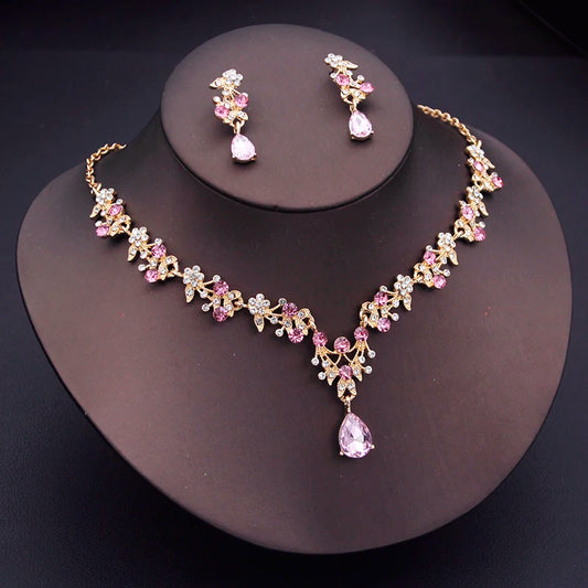 Exquisite Dangle Earrings and Necklace for Women Elegant Jewelry Set Flower Design Shining Rhinestone Necklace set Wedding