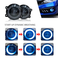 Eliteridegear Angel Eye fog lights with LED bulbs, dynamic daytime running lights for car front lighting system.