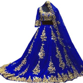 Arabic Muslim Blue Half-Sleeve Wedding Dress with Cape Veil