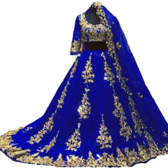 Arabic Muslim Blue Half-Sleeve Wedding Dress with Cape Veil