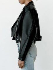 Ailegogo women's faux PU leather short jacket with belt, zipper lapel, motorcycle style, suitable for spring and autumn outfits.