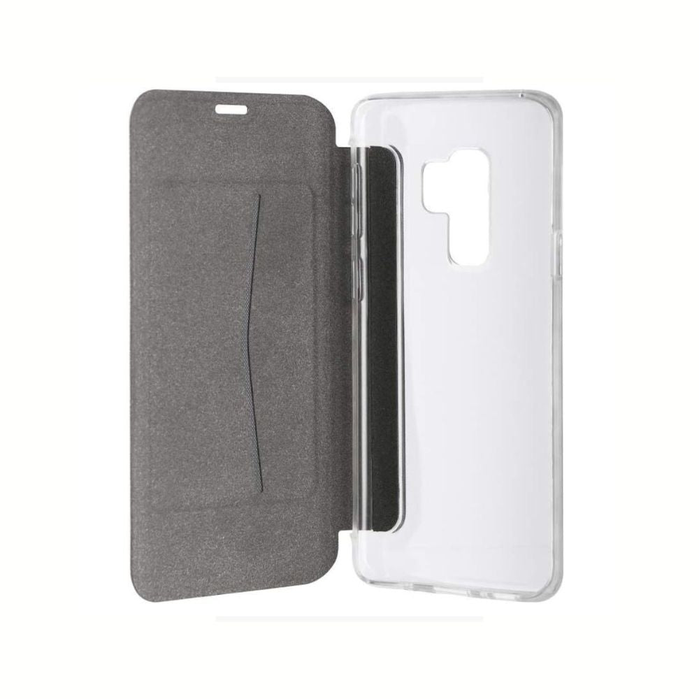 Samsung Galaxy S9 XQISIT Book Flip Case with wallet compartments, black synthetic leather, and card slots for phone protection.