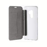 Samsung Galaxy S9 XQISIT Book Flip Case with wallet compartments, black synthetic leather, and card slots for phone protection.