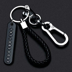 Eliteridegear DIY mobile phone number plate pendant keychain with woven leather rope for men, punk style, anti-lost car key accessory.