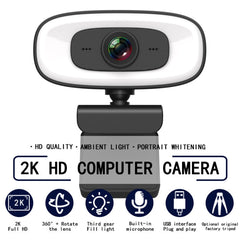 C10 2K HD Without Distortion 360 Degrees Rotate Three-speed Fill Light USB Free Drive Webcams, Built-in Sound Clearer Microphone