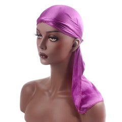 Unisex satin long tail doo rag durag bandana cap with pirate and turban style, ideal for men and women, hip hop and biker headwear.