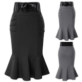 Belle Poque Pencil Skirt Women High Waist Belt Officewear