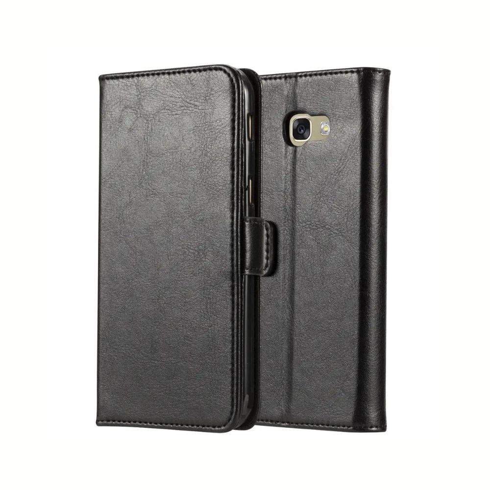 Samsung Galaxy A5 leather flip book case in black with wallet features and kickstand from Phone Base.