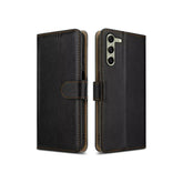 Black leather Samsung Galaxy A34 book flip case by Phone Base, featuring a wallet-style cover with card slots.