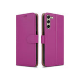 Pink leather Samsung Galaxy A05S book flip case with wallet-style design by Phone Base, featuring card slots and protective cover.