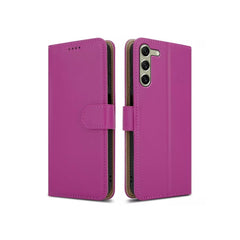 Pink leather Samsung Galaxy A05S book flip case with wallet-style design by Phone Base, featuring card slots and protective cover.