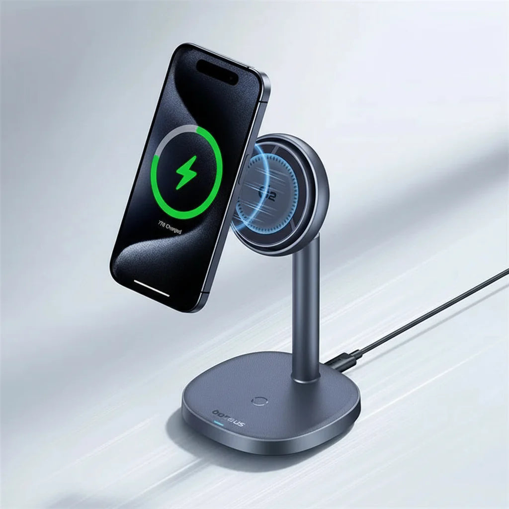 Baseus 2-in-1 magnetic wireless charger stand with 15W Qi2 for iPhone, featuring sleek design and easy magnetic attachment.