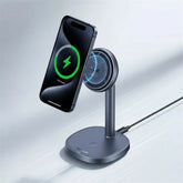 Baseus 2-in-1 magnetic wireless charger stand with 15W Qi2 for iPhone, featuring sleek design and easy magnetic attachment.